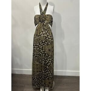 BCBGMAXAZRIA Silk Blend Printed Rhinestone Accent Halter Maxi Dress Green Size 0
